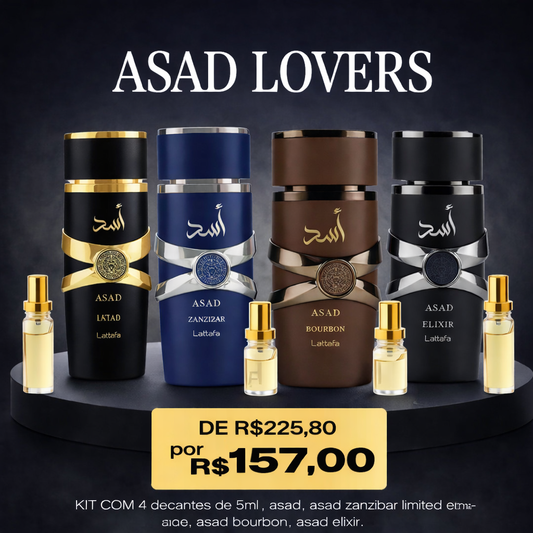 ASAD LOVERS - Combo Árabe com 4 Decants de 5ml. (Asad, Asad Zanzibar Limited Edition, Asad Bourbon, Asad Elixir)