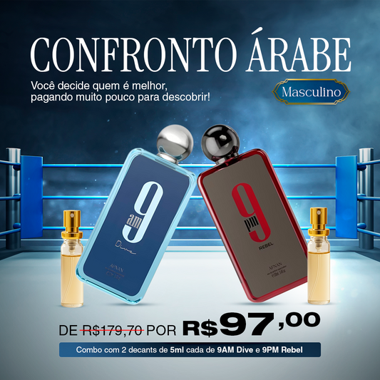 CONFRONTO ÁRABE MASCULINO 03 - Combo Árabe com 2 Decants de 5ml. (9AM Dive e 9PM Rebel)