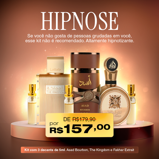 HIPNOSE - Combo Árabe com 3 Decants de 5ml. (Asad Bourbon, The Kingdom e Fakhar Extrait)