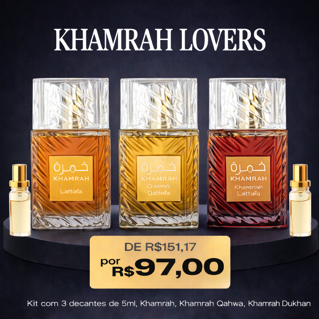 KHAMRAH LOVERS - Combo Árabe com 3 Decants de 5ml. (KHAMRAH, KHAMRAH QAHWA, KHAMRAH DUKHAN)