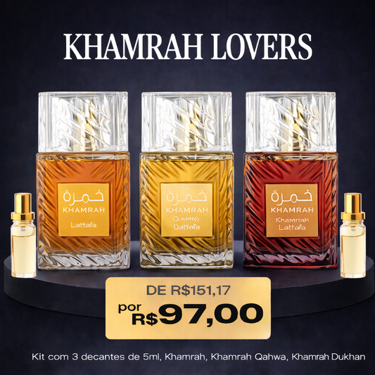 KHAMRAH LOVERS - Combo Árabe com 3 Decants de 5ml. (KHAMRAH, KHAMRAH QAHWA, KHAMRAH DUKHAN)