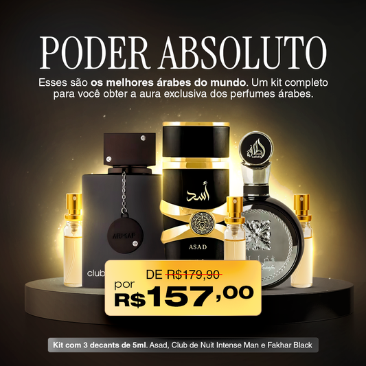 PODER ABSOLUTO - Combo Árabe com 3 Decants de 5ml. (Asad, Club de Nuit Intense Man e Fakhar Black)
