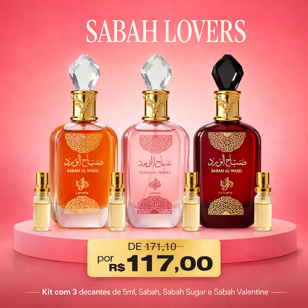 SABAH LOVERS - Combo Árabe com 3 Decants de 5ml. (Sabah Al Ward, Sabah Sugar, Sabah Valentine)